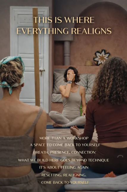 Women meditating together in a riad, quote card 'This is where everything realigns'