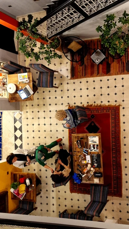 Overhead view of a riad courtyard set up for a beauty and wellness retreat